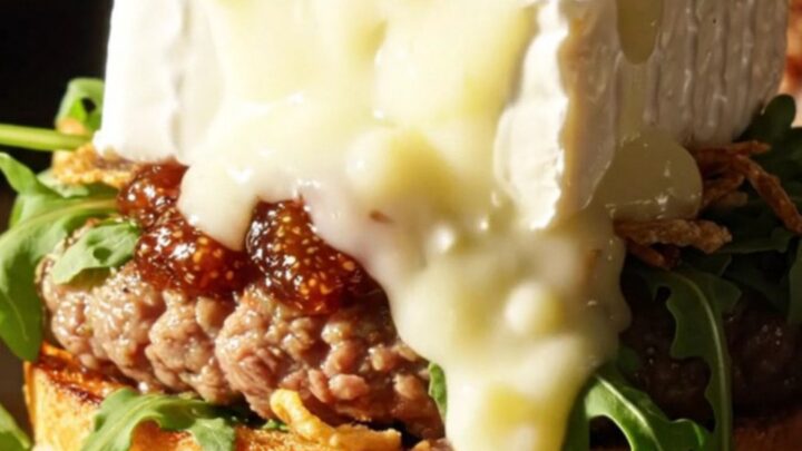A gourmet smash burger topped with molten Brie, fig jam, and crispy shallots on a brioche bun.