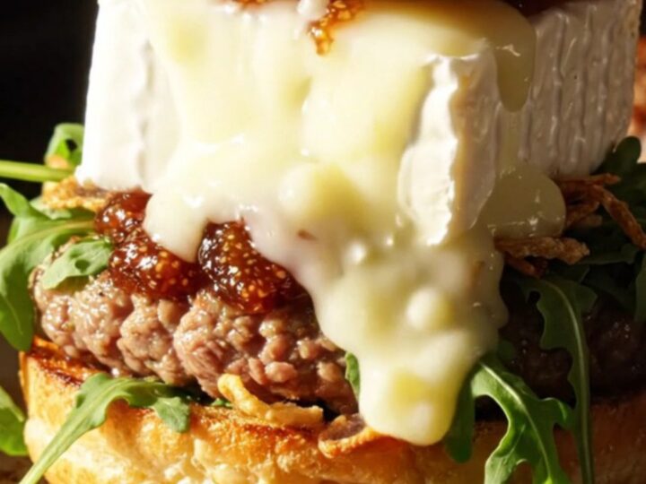 A gourmet smash burger topped with molten Brie, fig jam, and crispy shallots on a brioche bun.