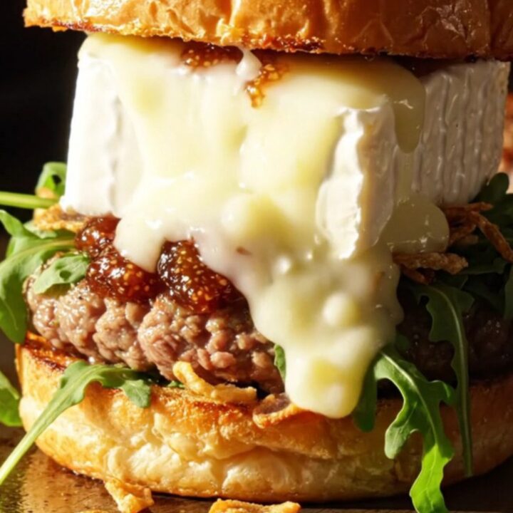 A gourmet smash burger topped with molten Brie, fig jam, and crispy shallots on a brioche bun.