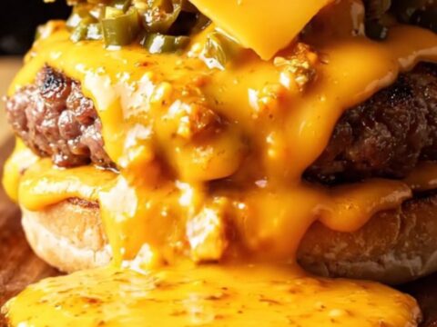 A close-up of a juicy smash burger with melted Pepper Jack cheese and roasted green chiles on a toasted bun.