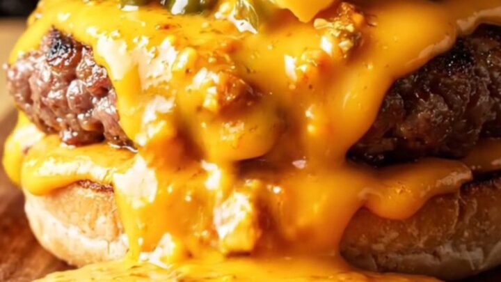 A close-up of a juicy smash burger with melted Pepper Jack cheese and roasted green chiles on a toasted bun.