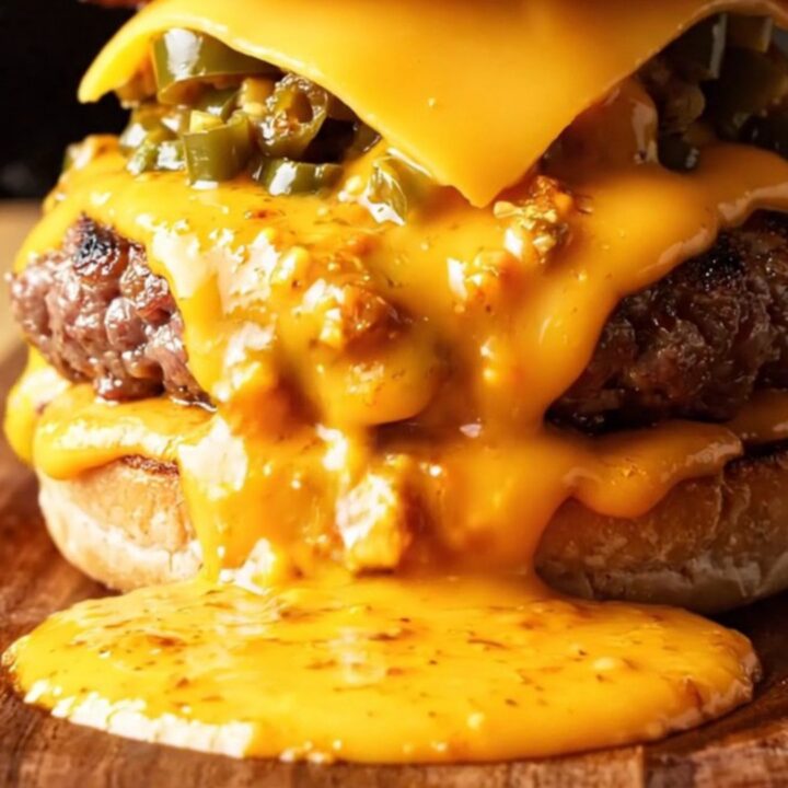 A close-up of a juicy smash burger with melted Pepper Jack cheese and roasted green chiles on a toasted bun.