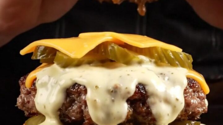 A close-up of a juicy brisket smash burger topped with creamy white sauce and pickles on a toasted bun.