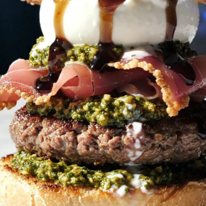 A gourmet Italian-style smash burger topped with a whole ball of burrata and crispy prosciutto on a toasted bun.