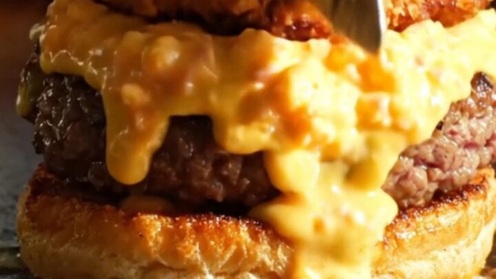 A close-up shot of a Southern smash burger featuring a crispy fried green tomato and melted pimento cheese on a toasted bun.