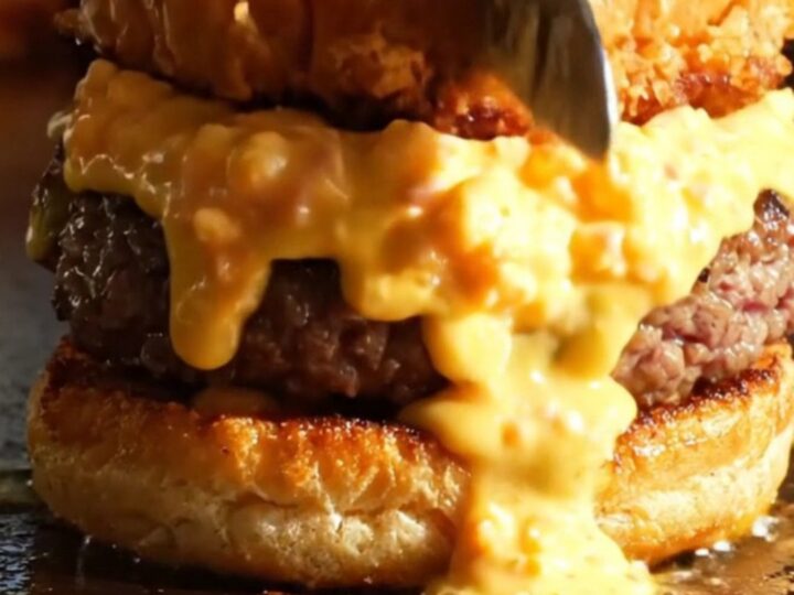 A close-up shot of a Southern smash burger featuring a crispy fried green tomato and melted pimento cheese on a toasted bun.