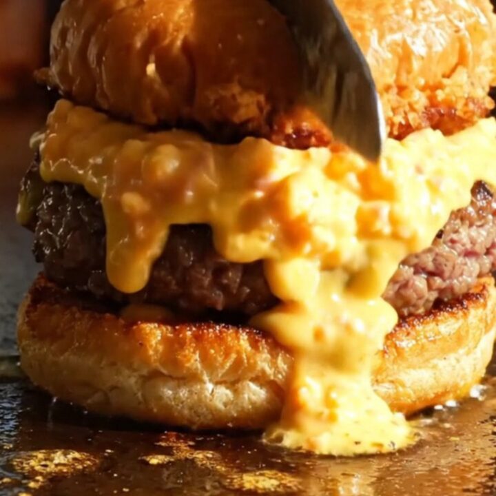 A close-up shot of a Southern smash burger featuring a crispy fried green tomato and melted pimento cheese on a toasted bun.
