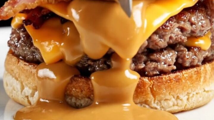 A close-up of a juicy smash burger with melted sharp cheddar, crispy bacon