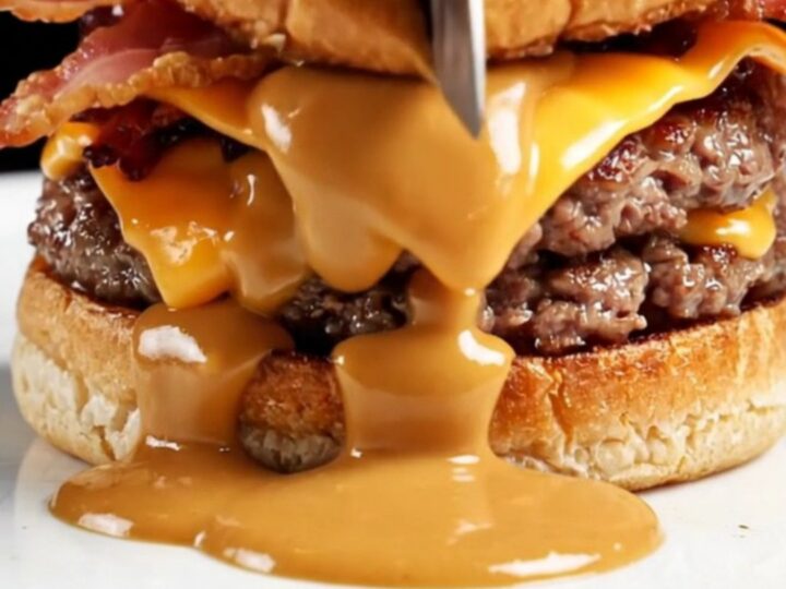 A close-up of a juicy smash burger with melted sharp cheddar, crispy bacon