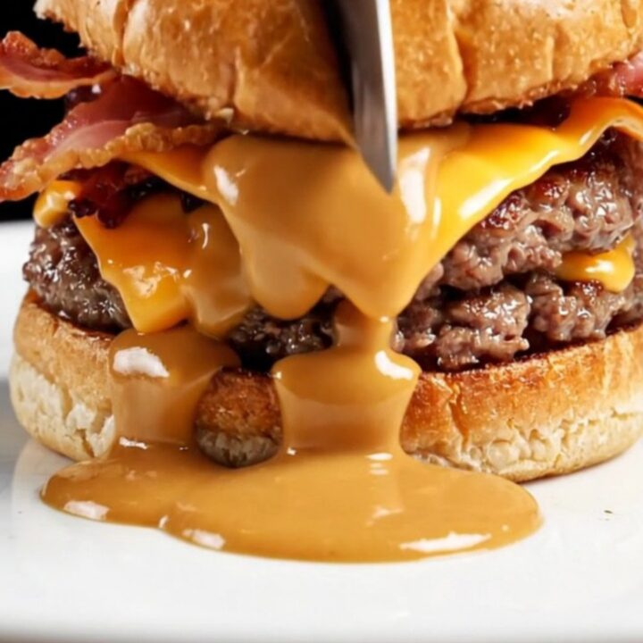 A close-up of a juicy smash burger with melted sharp cheddar, crispy bacon