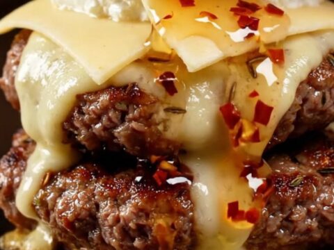 A gourmet smash burger topped with a generous dollop of whipped ricotta and a vibrant drizzle of spicy red chili honey.