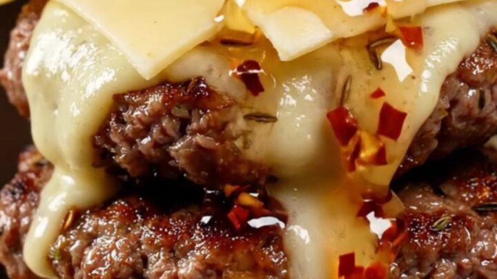 A gourmet smash burger topped with a generous dollop of whipped ricotta and a vibrant drizzle of spicy red chili honey.