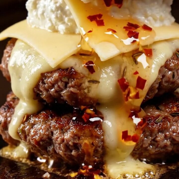 A gourmet smash burger topped with a generous dollop of whipped ricotta and a vibrant drizzle of spicy red chili honey.