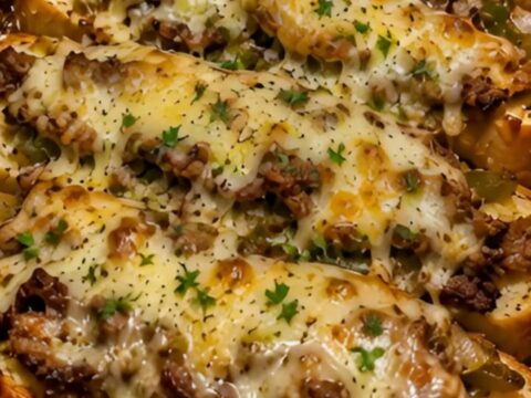 A close-up of a cheesy Philly cheesesteak garlic bread slice being lifted with a long, stretchy cheese pull.