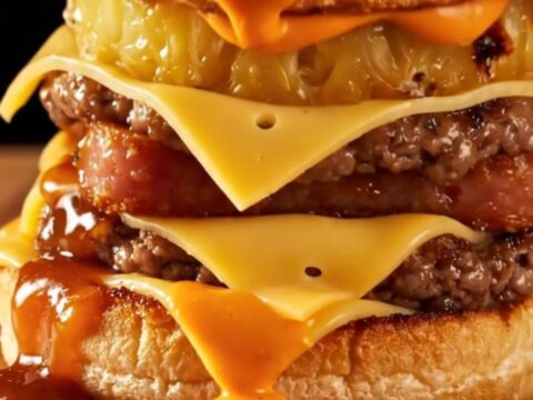 A close-up of a juicy Hawaiian smash burger with charred pineapple, crispy Spam, and glossy teriyaki glaze on a toasted bun.