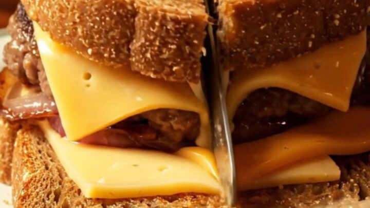 Golden-brown marble rye patty melt with stretching cheese pull and caramelized onions.