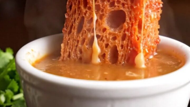 A crispy sourdough birria grilled cheese sandwich with melting Oaxaca cheese, served with a side of hot, red consommé.