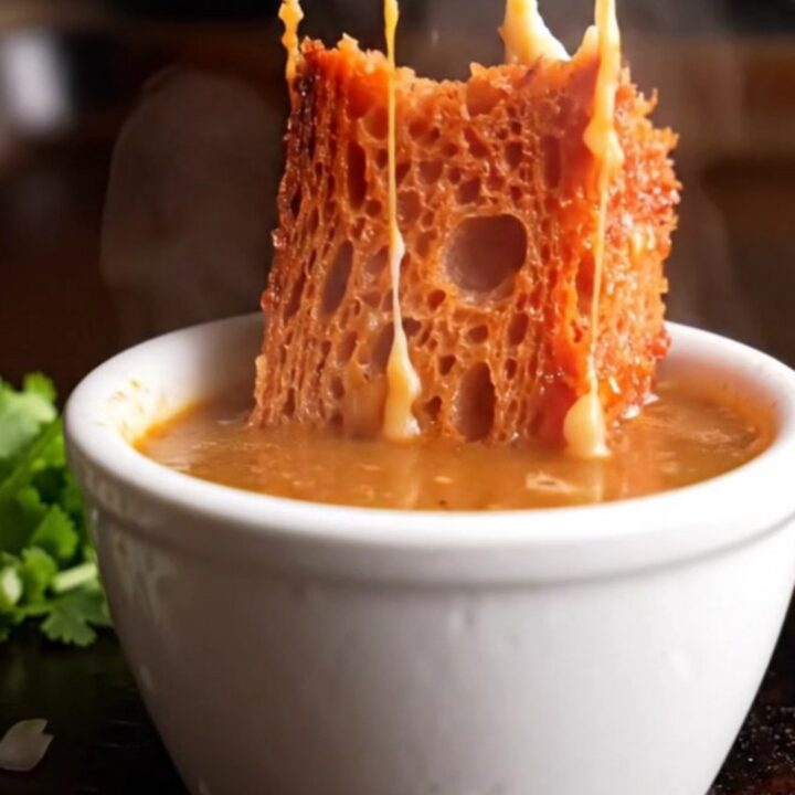 A crispy sourdough birria grilled cheese sandwich with melting Oaxaca cheese, served with a side of hot, red consommé.