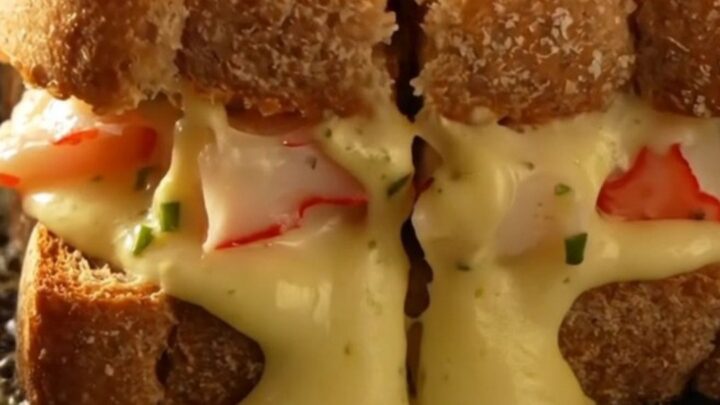 A golden-brown sourdough melt cut in half, showing oozing Gruyère and Fontina cheese with chunks of Maine lobster and lump