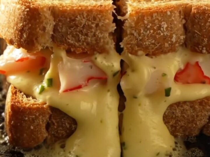 A golden-brown sourdough melt cut in half, showing oozing Gruyère and Fontina cheese with chunks of Maine lobster and lump
