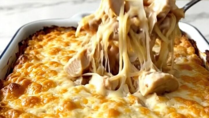A top-down view of a creamy chicken tetrazzini in a large white baking dish with melted cheese on top.