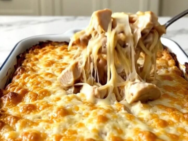A top-down view of a creamy chicken tetrazzini in a large white baking dish with melted cheese on top.