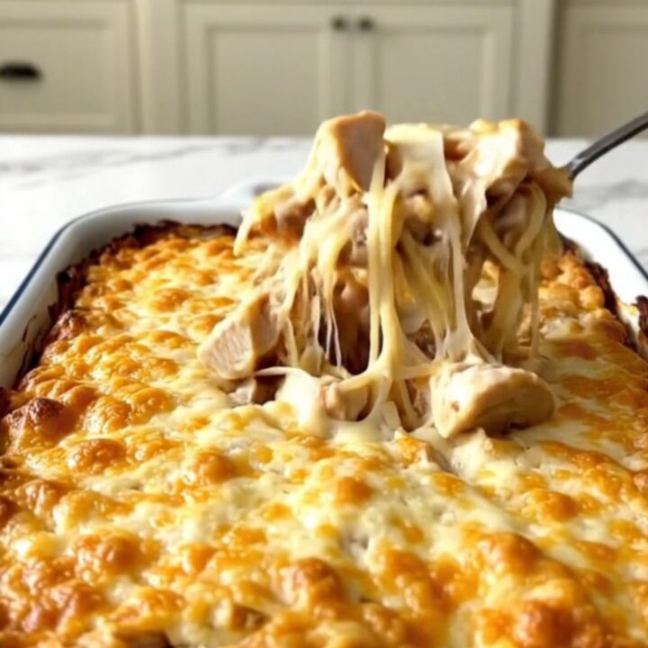 A top-down view of a creamy chicken tetrazzini in a large white baking dish with melted cheese on top.
