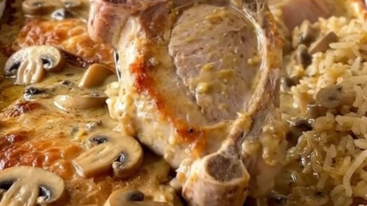 A top-down view of a rectangular baking dish filled with pork chops and rice in a creamy mushroom sauce.