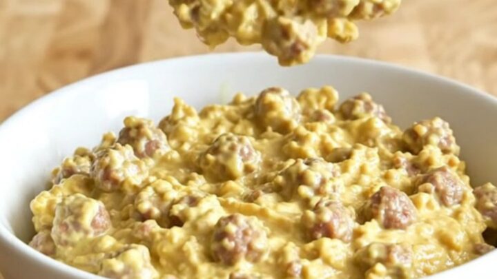 A creamy, steaming sausage dip in a white ceramic slow cooker, garnished with herbs.