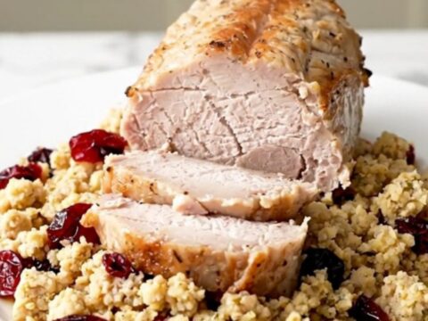 A beautifully plated slow cooker pork tenderloin with savory herb stuffing and dried cranberries.