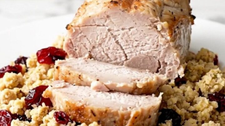 A beautifully plated slow cooker pork tenderloin with savory herb stuffing and dried cranberries.