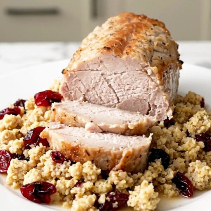 A beautifully plated slow cooker pork tenderloin with savory herb stuffing and dried cranberries.