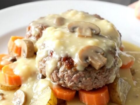 A close-up view of a slow cooker filled with beef patties, sliced gold potatoes, and carrots in a creamy mushroom gravy.