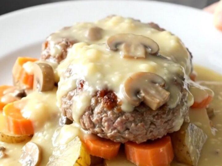 A close-up view of a slow cooker filled with beef patties, sliced gold potatoes, and carrots in a creamy mushroom gravy.