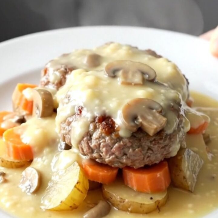 A close-up view of a slow cooker filled with beef patties, sliced gold potatoes, and carrots in a creamy mushroom gravy.