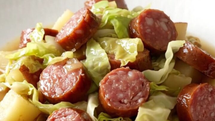A white ceramic slow cooker filled with sliced smoked sausage, chopped green cabbage, and red potato cubes.