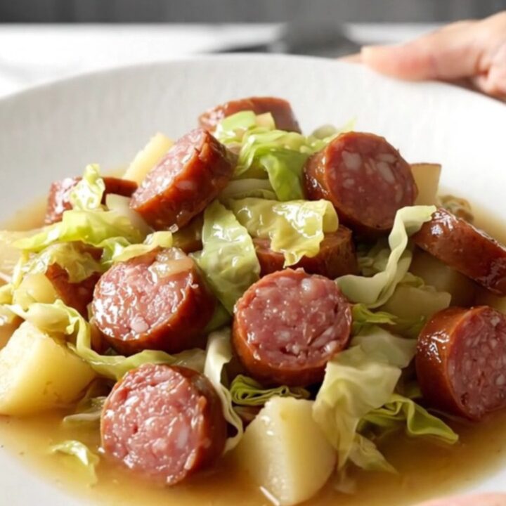 A white ceramic slow cooker filled with sliced smoked sausage, chopped green cabbage, and red potato cubes.