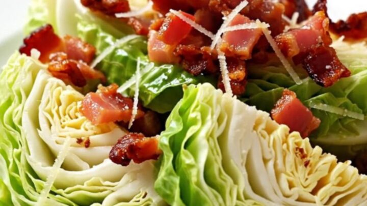 A top-down view of green cabbage wedges in a slow cooker topped with bacon and parmesan.