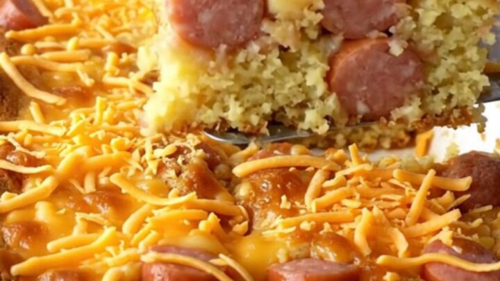 A golden-brown corn dog cornbread casserole in a white ceramic dish on a quartz countertop.
