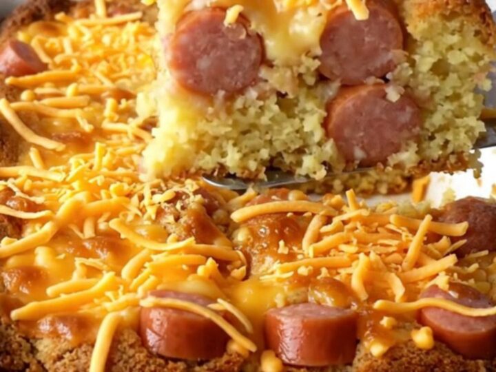 A golden-brown corn dog cornbread casserole in a white ceramic dish on a quartz countertop.