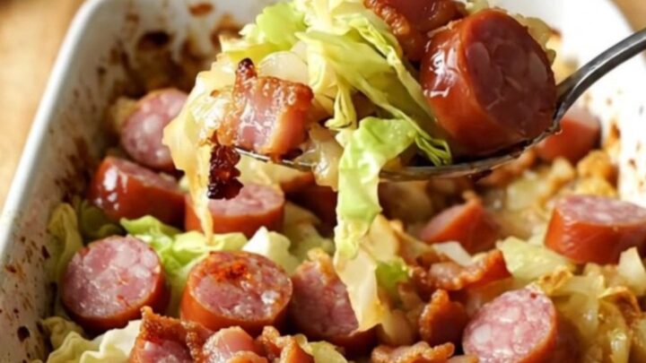 A rustic ceramic dish filled with roasted cabbage, sliced kielbasa, and crispy bacon pieces.