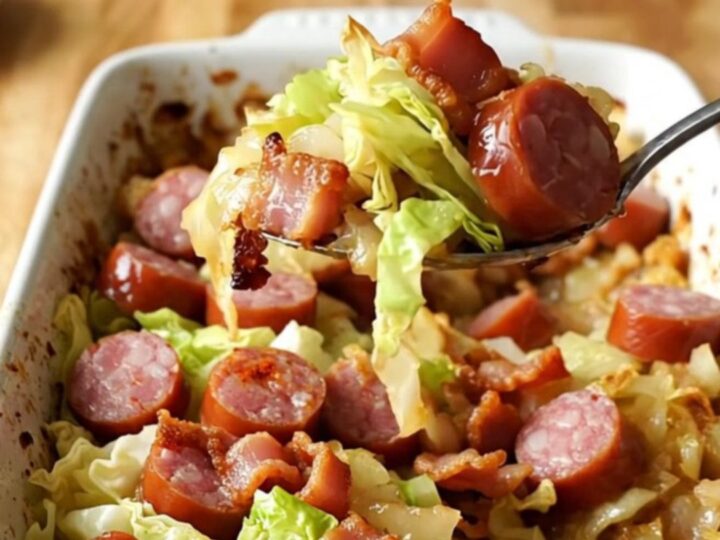 A rustic ceramic dish filled with roasted cabbage, sliced kielbasa, and crispy bacon pieces.