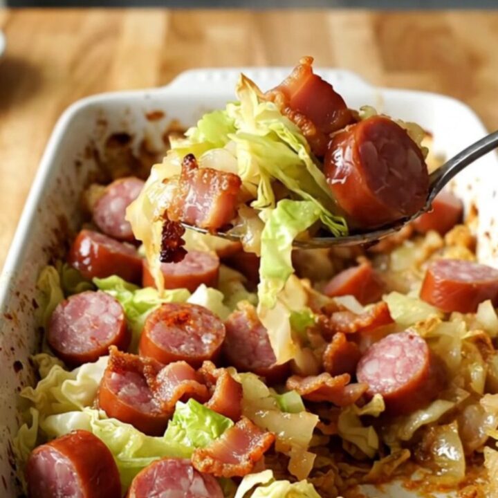 A rustic ceramic dish filled with roasted cabbage, sliced kielbasa, and crispy bacon pieces.