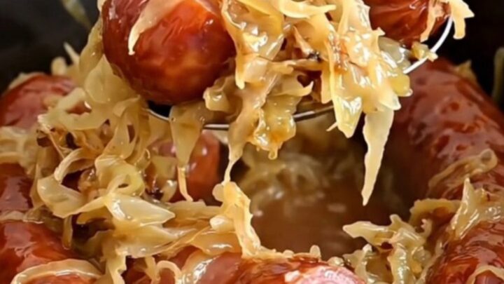 A close-up view of thick chunks of smoked kielbasa served on a bed of golden, soft sauerkraut in a slow cooker.