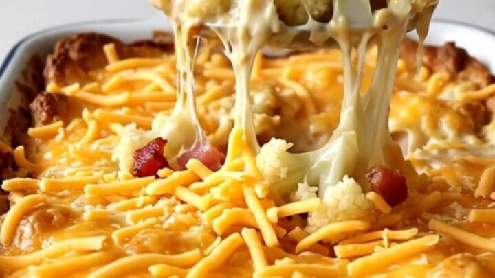 A golden, bubbling loaded cauliflower casserole with bacon in a white enameled baking dish on a quartz countertop.