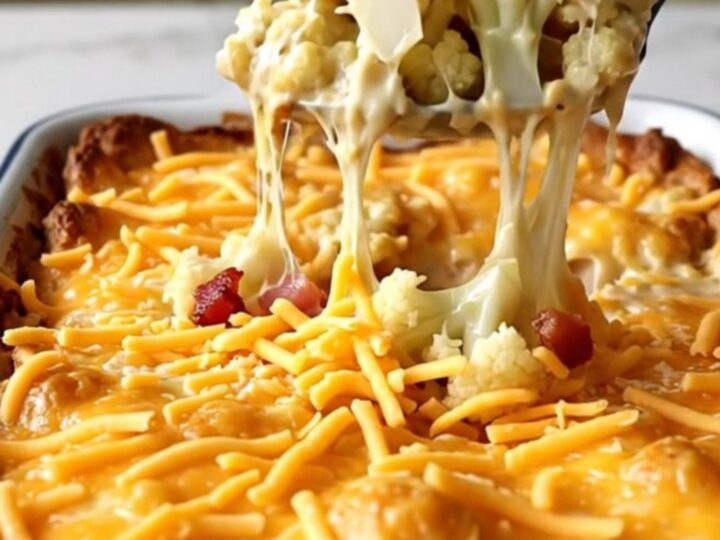 A golden, bubbling loaded cauliflower casserole with bacon in a white enameled baking dish on a quartz countertop.