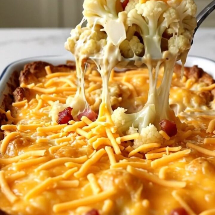 A golden, bubbling loaded cauliflower casserole with bacon in a white enameled baking dish on a quartz countertop.