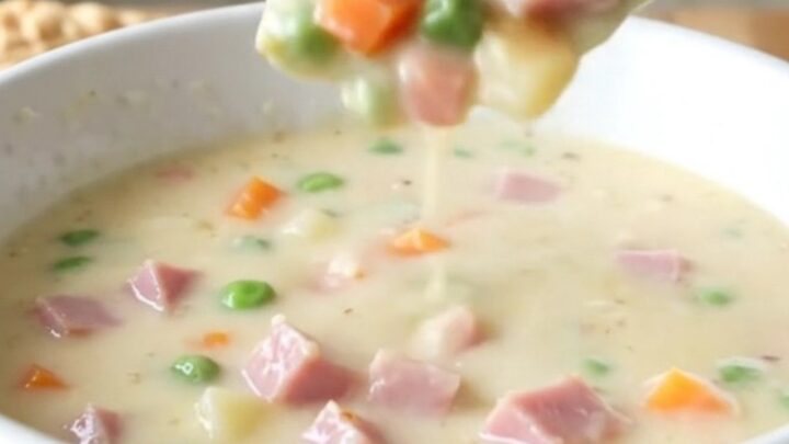 A white bowl filled with creamy ham and potato soup on a rustic wooden table.