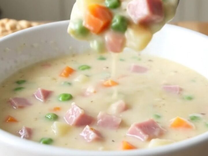 A white bowl filled with creamy ham and potato soup on a rustic wooden table.