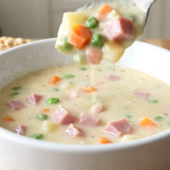 A white bowl filled with creamy ham and potato soup on a rustic wooden table.